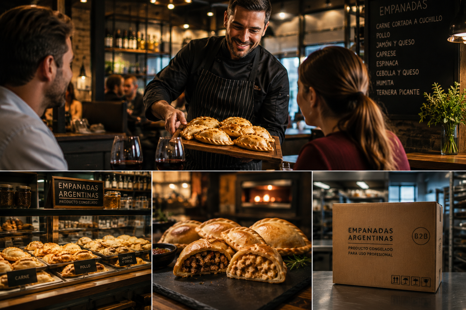 Chef profesional sirviendo empanadas argentinas en restaurante europeo