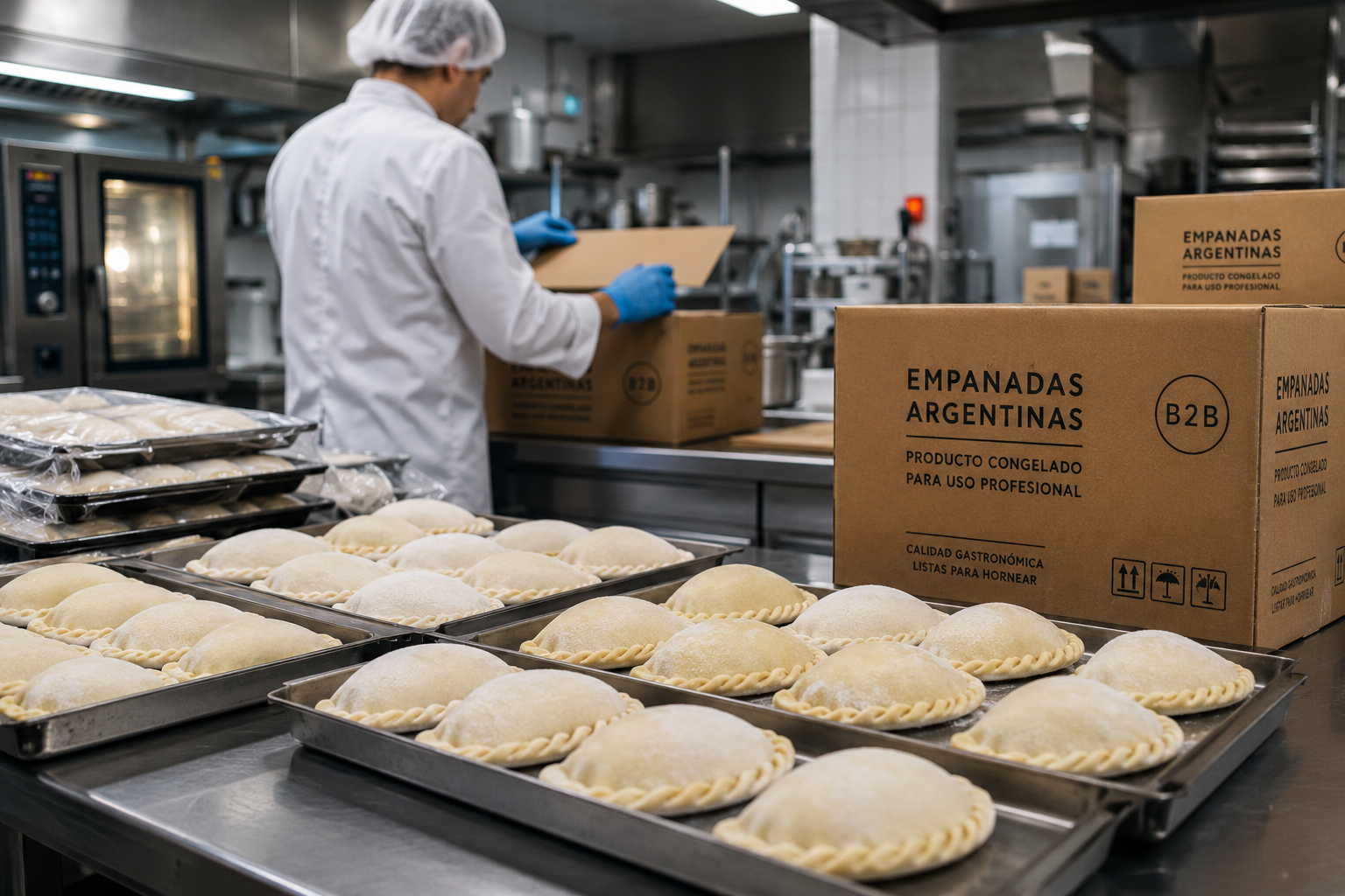 Empanadas argentinas congeladas en cocina industrial para venta mayorista