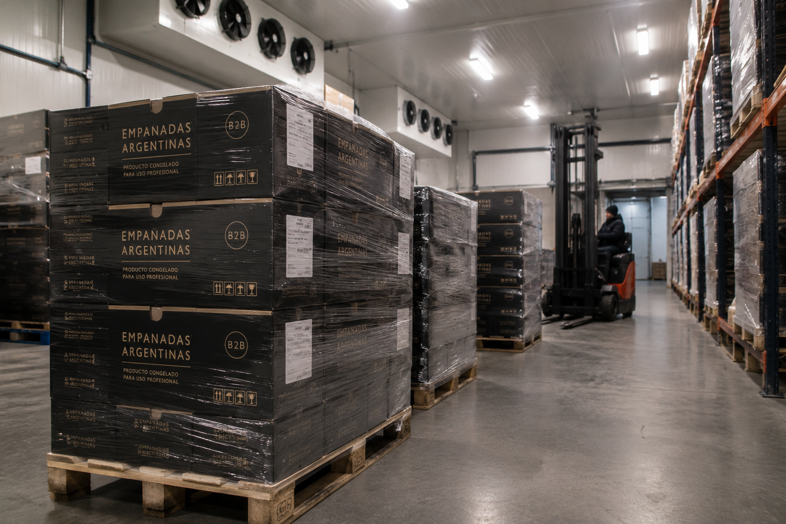 Pallets de empanadas argentinas congeladas en almacén frigorífico
