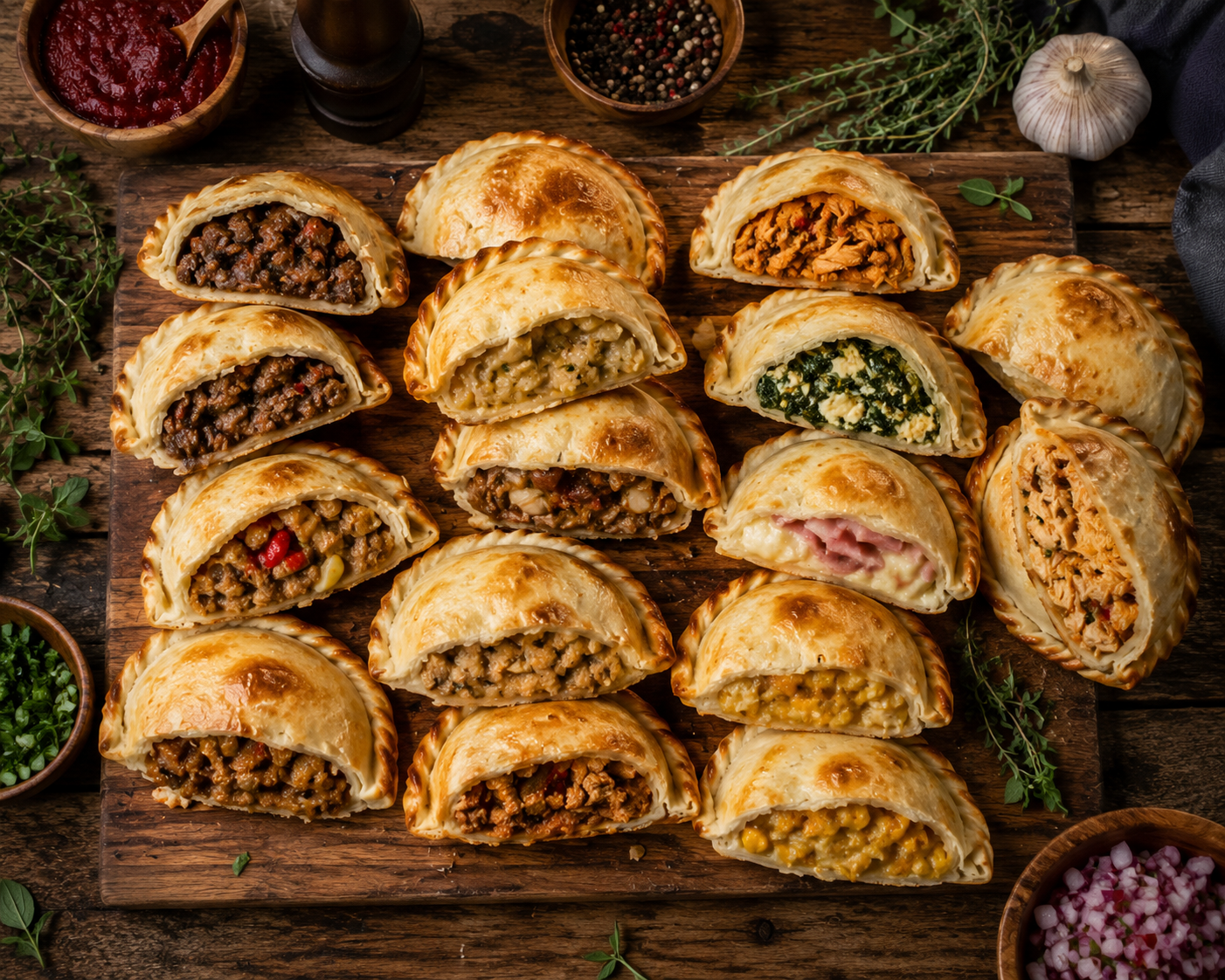 Diferentes sabores de empanadas argentinas gourmet vistas desde arriba